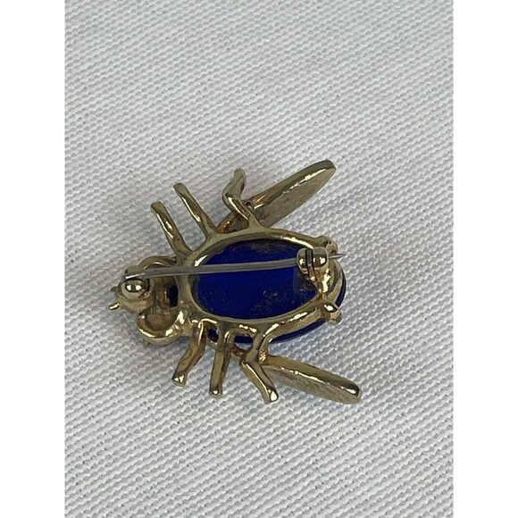 Vintage Faux Lapiz Lazuli Fly Insect Brooch Gold Tone Blue Rhinestone Eyes - Picture 5 of 8
